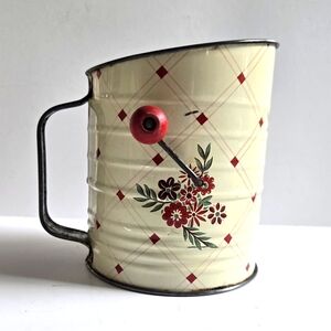 Vintage Flour Sifter Old Primitive FarmHouse Kitchen Decor red flowers